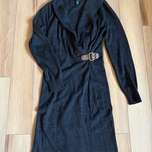 Lauren Ralph Lauren Cardigan Wool Grey Wrapped Buckle Long Sleeve Dress Large